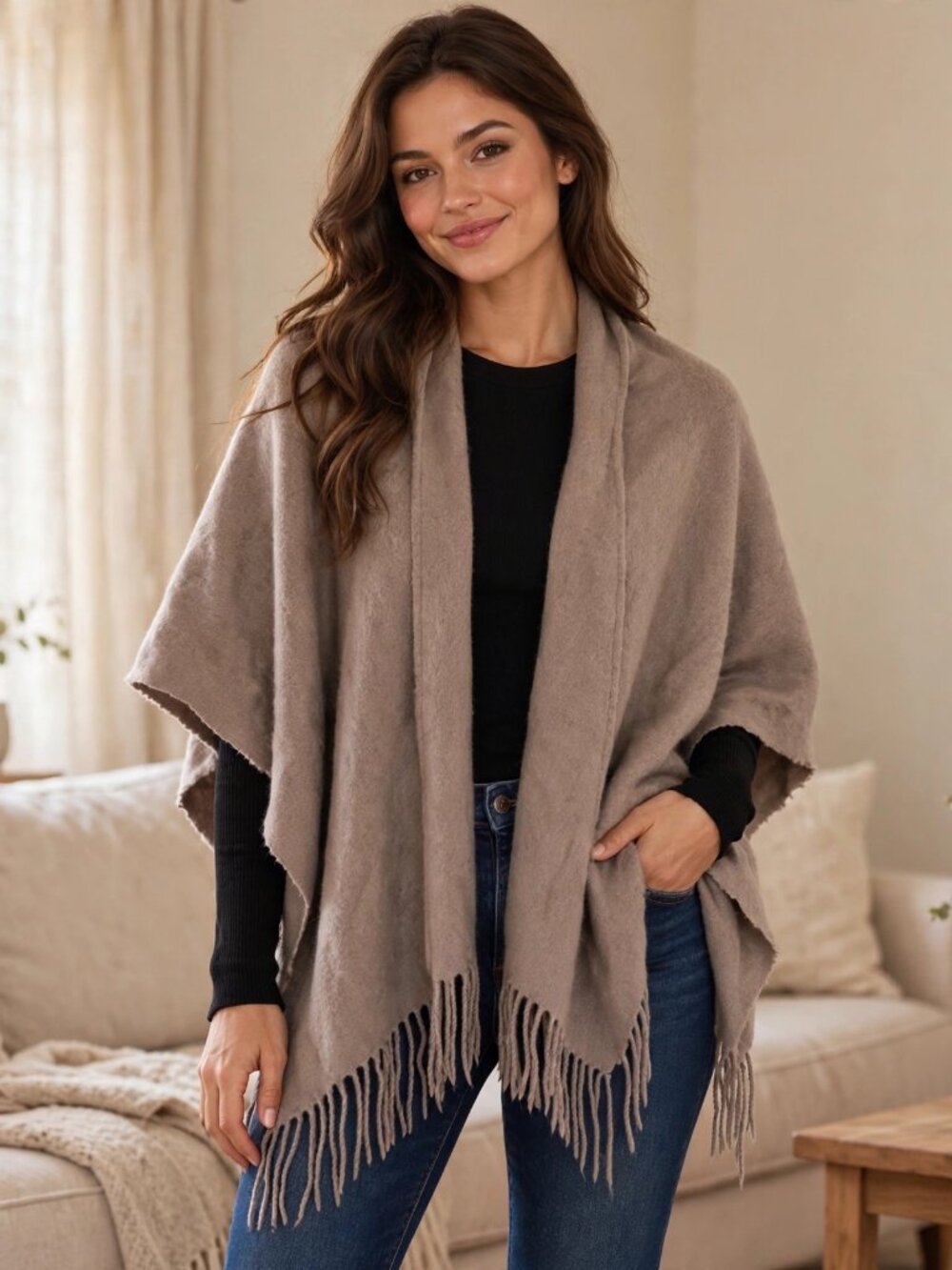 Portolano 100% Wool Poncho Wrap OS Taupe Fringe Ruana Shawl Cozy Layer